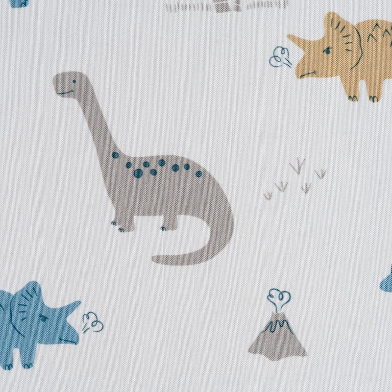 Dino made-to-measure children’s curtain with playful dinosaurs in blue, beige and grey on a cream background