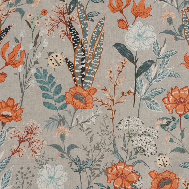 Martinique made-to-measure cotton curtain with expressive botanical pattern in turquoise, terracotta, grey and white