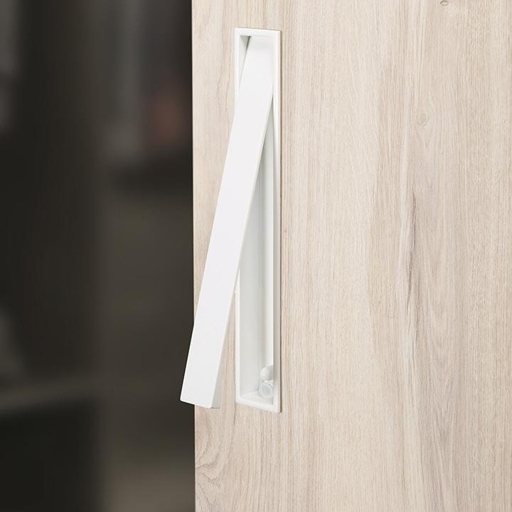 CLOS Einlassgriff aus Zamak mit verdecktem Ausklappmechanismus in eine moderne Schiebetür integriert.