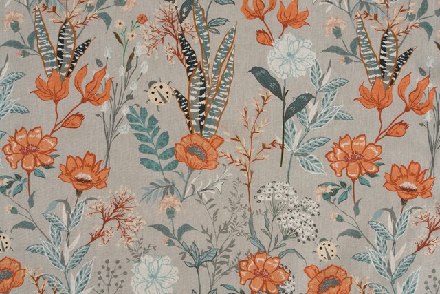 Martinique made-to-measure cotton curtain with expressive botanical pattern in turquoise, terracotta, grey and white